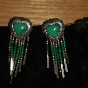 Heart Earings - Green stone and silver